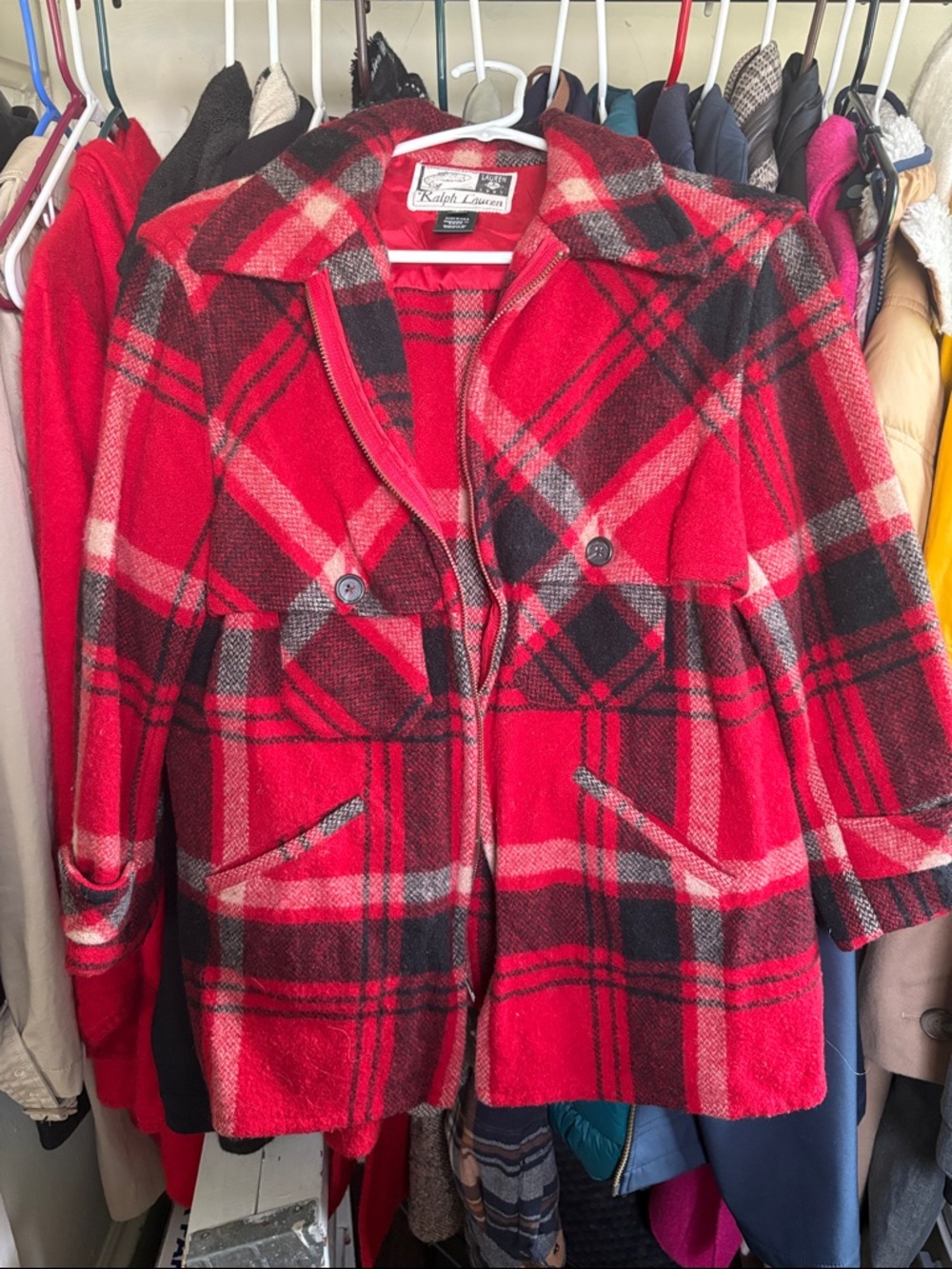 Vintage Ralph Lauren Red and Black Plaid Wool Pea Coat